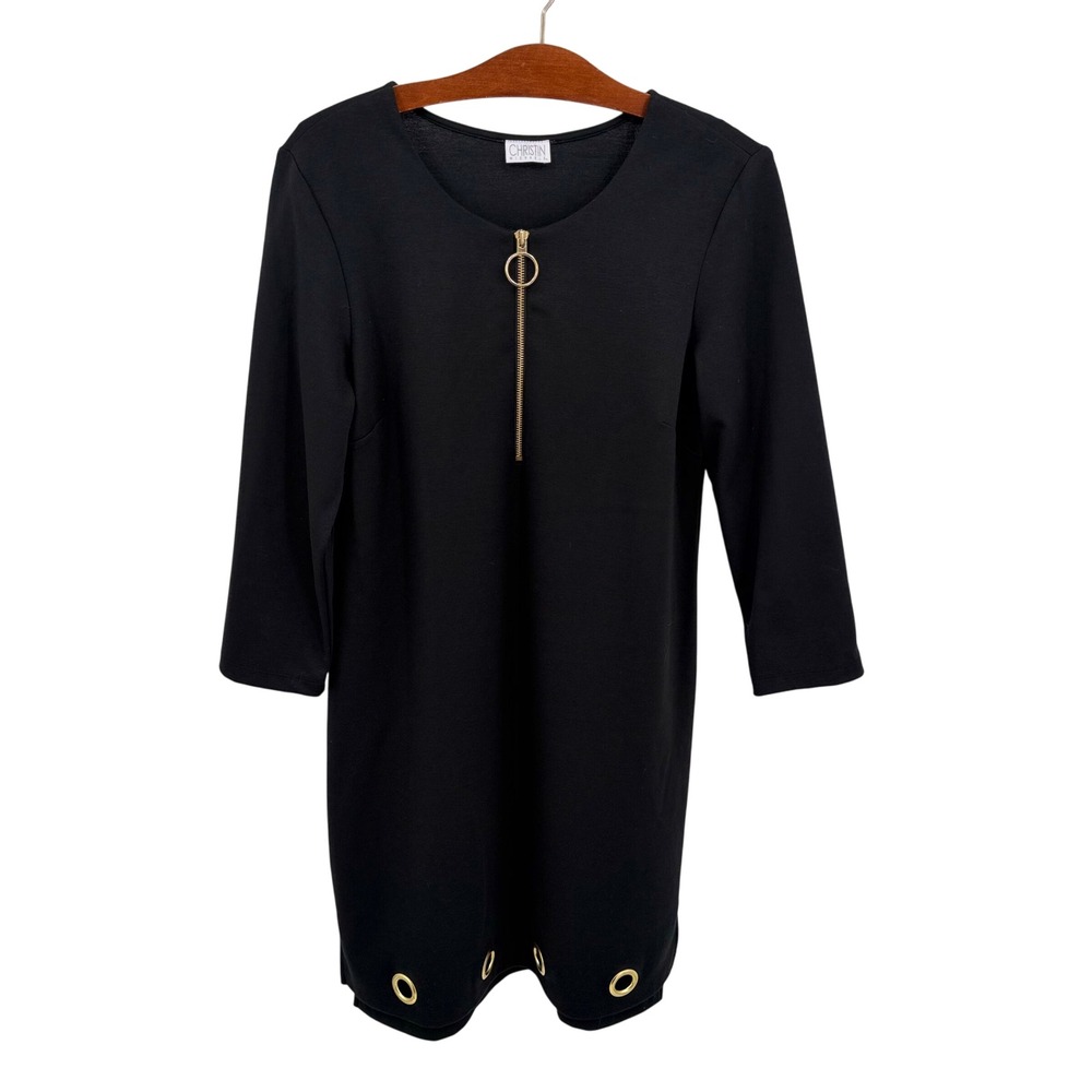 Christin Michaels Women's Medium Dress Black Knit Long‎ Sleeve Gold-Tone Trim